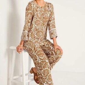 Soft Surroundings Oceo Gauze Nautical Shells Neutral Tunic Top Pants Set P XL